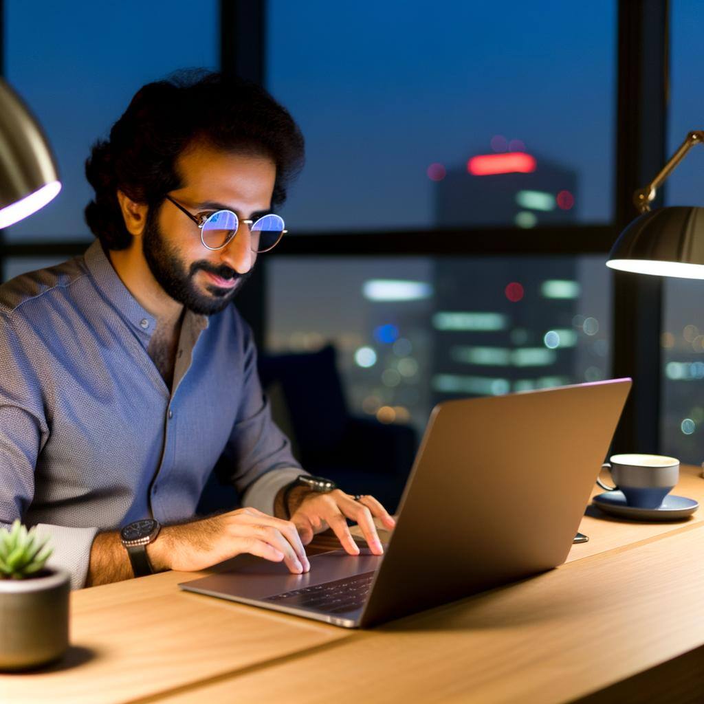 Middle-Eastern male in his mid-30s, with brown hair and round glasses, is seated at a sleek, wooden desk. He's focused on a silver laptop where the screen is brightly lit with a technology reviews website. The atmosphere is relaxed with a cup of steaming coffee beside him, a small potted succulent, and a stylish desk lamp casting a soft glow onto his workspace. An open window in the background reveals the city's skyline under the twilight sky.